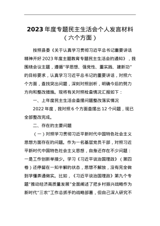 2023年度专题民主生活会个人发言材料（六个方面）.docx