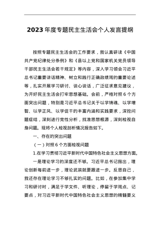 2023年度专题民主生活会个人发言提纲.docx