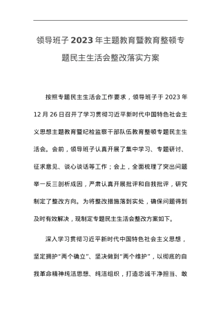 2023年领导班子干部主题教育暨教育整顿专题民主生活会整改落实方案.docx