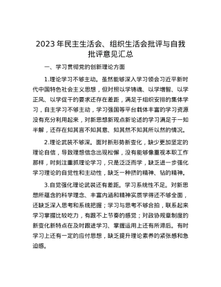 2023年民主生活会、组织生活会批评与自我批评意见汇总.docx