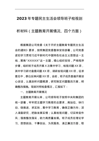 2023年专题民主生活会领导班子检视剖析材料（主题教育开展情况、四个方面）.docx