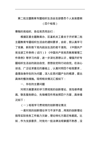 第二批主题教育专题组织生活会支部委员个人发言提纲（四个检视）.docx