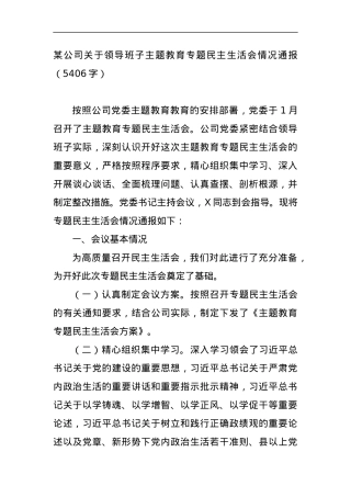 公司关于领导班子主题教育专题民主生活会情况通报.docx
