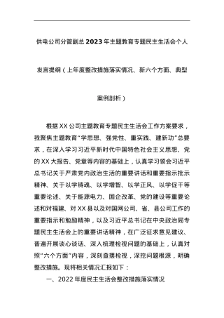 供电公司分管副总2023年主题教育专题民主生活会个人发言提纲（上年度整改措施落实情况、新六个方面、典型案例剖析）.docx