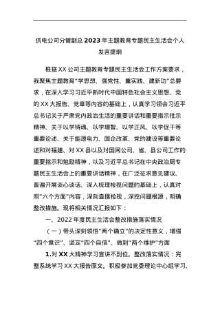 供电公司分管副总2023年主题教育专题民主生活会个人发言提纲.docx