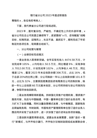 国企银行省分公司2023年度述职报告（总结）.docx