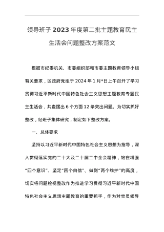 领导班子2023年度第二批主题教育民主生活会问题整改工作实施方案.docx