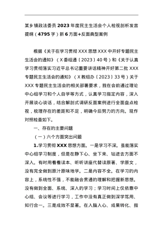 某乡镇政法委员2023年度民主生活会个人检视剖析发言提纲（新6方面+反面典型案例.docx