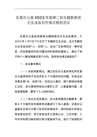 区委办公室2023年度第二批主题教育民主生活会召开情况报告.docx