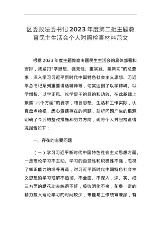 区政法委书记2023年度主题教育民主生活会个人检查材料（六个自觉坚定方面，思想，维护权威领导，践行宗旨，全面从严责任等发言提纲，检视剖析委第二批次对照）.docx