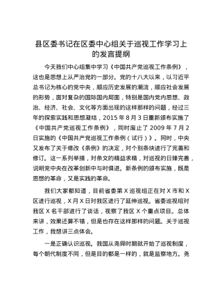 县区委书记在区委中心组关于巡视工作学习上的发言提纲.docx