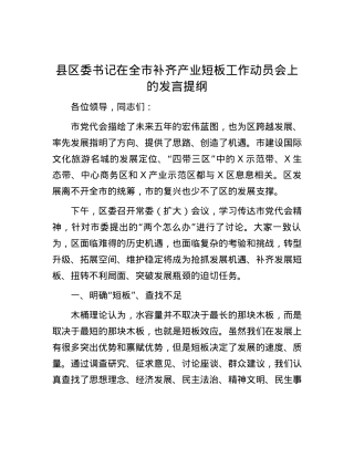 县区委书记在全市补齐产业短板工作动员会上的发言提纲.docx