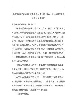 县区委书记在市委专项督导检查组反馈会上的主持和表态讲话（通用稿）.docx