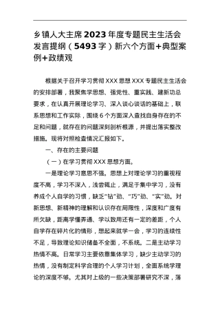 乡镇人大主席2023年度专题民主生活会发言提纲（新六个方面+典型案例+政绩观.docx