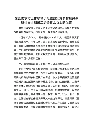 在县委农村工作领导小组暨县实施乡村振兴战略领导小组第二次全体会议上的发言.docx