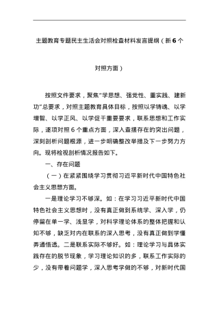 主题教育专题民主生活会对照检查材料发言提纲（新6个对照方面）.docx