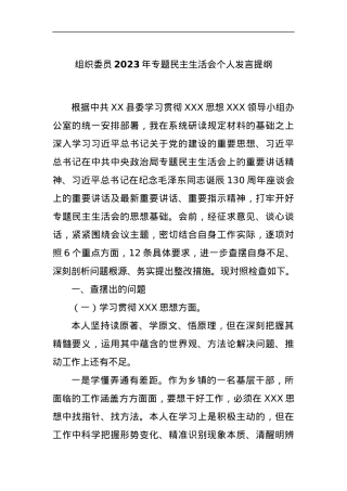 组织委员2023年专题民主生活会个人发言提纲.docx