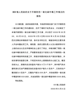 XX镇人民政府关于开展防范一氧化碳中毒工作情况的报告.docx