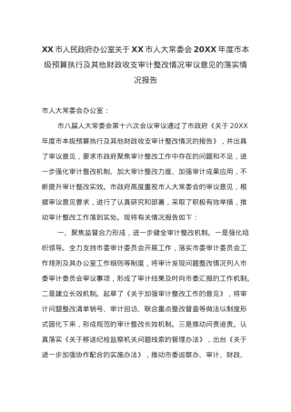 XX市人民政府办公室关于XX市人大常委会20XX年度市本级预算执行及其他财政收支审计整改情况审议意见的落实情况报告.docx