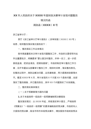 XX市人民政府关于20XX年度财政决算审计发现问题整改情况的函.docx