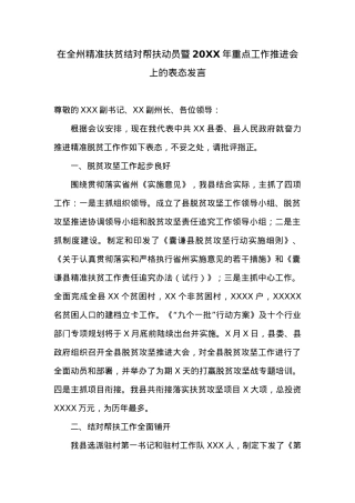 在全州精准扶贫结对帮扶动员暨20XX年重点工作推进会上的表态发言.docx