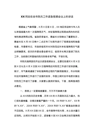 XX同志在全市防汛工作紧急视频会议上的讲话.docx