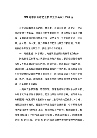 XX同志在全市防汛抗旱工作会议上的讲话.docx