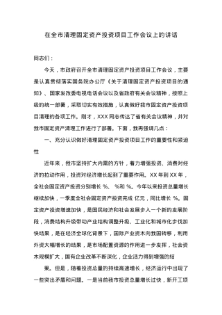 在全市清理固定资产投资项目工作会议上的讲话.docx