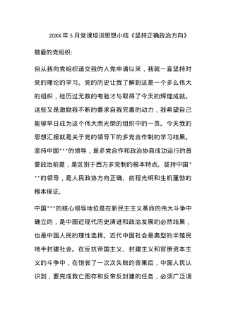 2011年5月党课培训思想小结《坚持正确政治方向》.docx