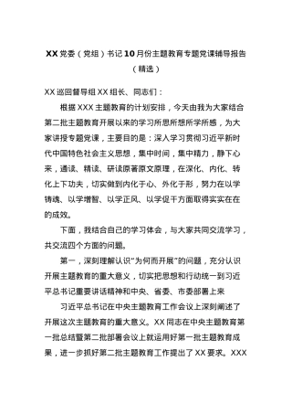 XX党委（党组）书记10月份主题教育专题党课辅导报告（精选）.docx