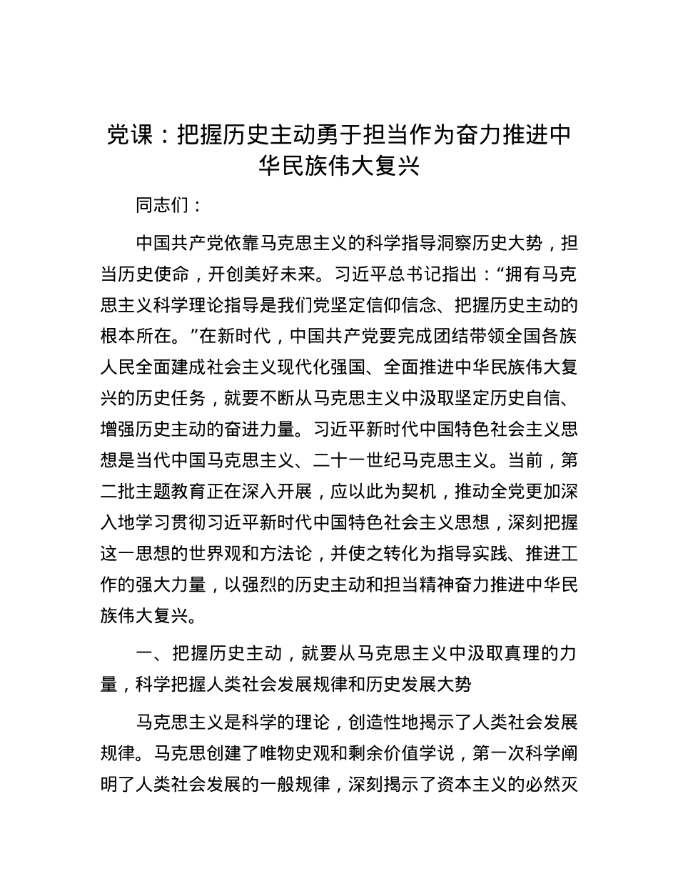 党课：把握历史主动 勇于担当作为  奋力推进中华民族伟大复兴.docx_第1页