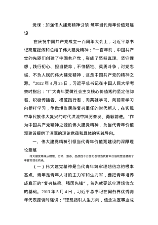 党课：加强伟大建党精神引领 筑牢当代青年价值观建设.docx