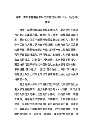 党课：青年干部要在新时代新征程中担当作为，践行初心使命.docx