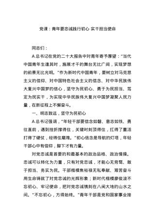 党课：青年要忠诚践行初心 实干担当使命.docx