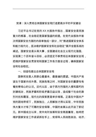 党课：深入贯彻总体国家安全观打造更高水平的平安建设.docx