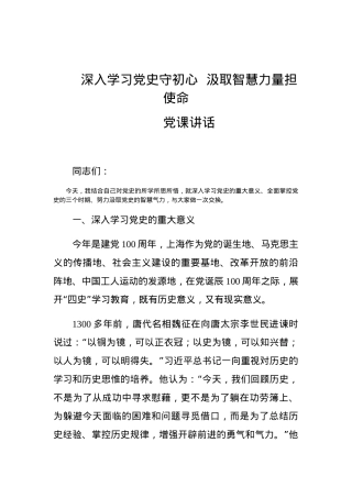 党课：深入学习党史守初心,汲取智慧力量担使命.docx