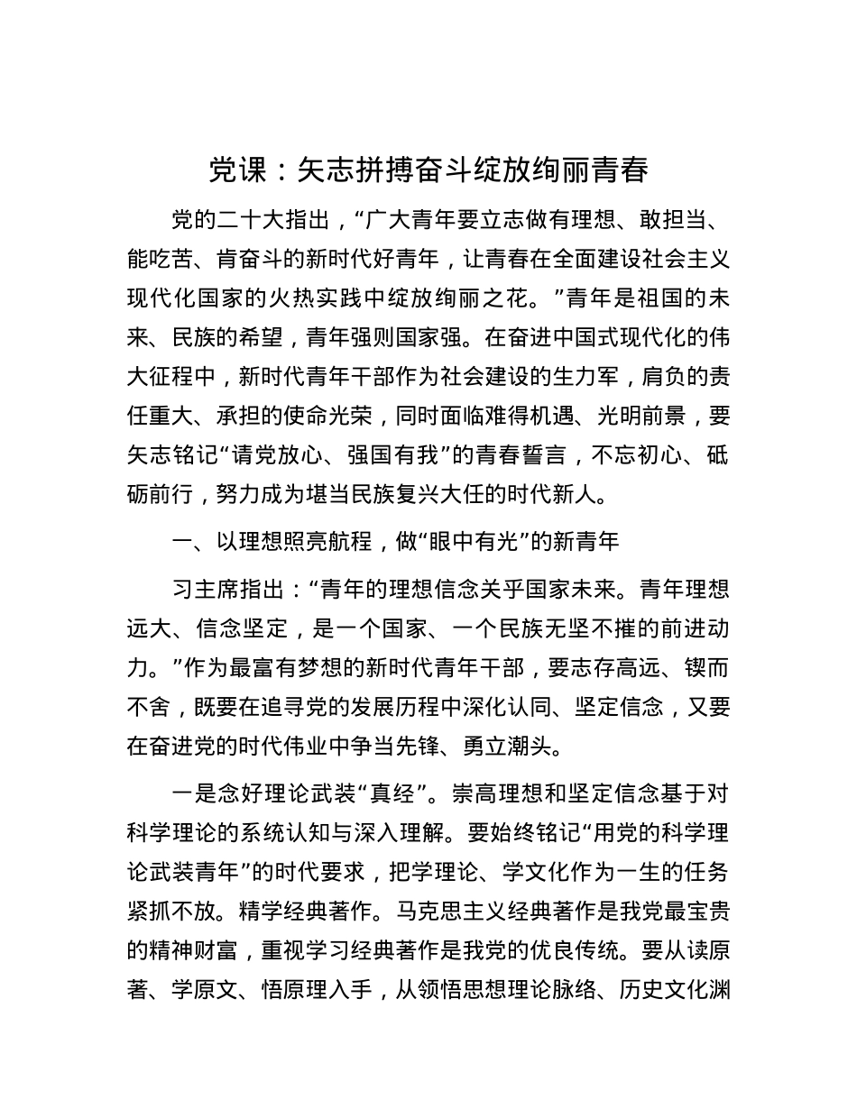 党课：矢志拼搏奋斗绽放绚丽青春.docx_第1页