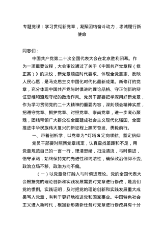 党课：学习贯彻新党章 凝聚团结奋斗动力 忠诚履行新使命.docx