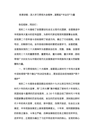党课讲稿：深入学习贯彻大会精神，凝聚起“半边天”力量.docx
