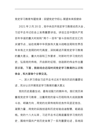 党史学习教育专题党课：回望党史守初心 展望未来担使命.docx