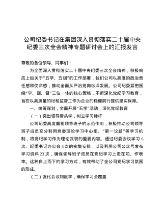 公司纪委书记在集团深入贯彻落实二十届中央纪委三次全会精神专题研讨会上的汇报发言.docx