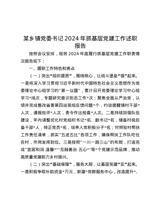 某乡镇X委书记2024年抓基层X建工作述职报告.docx
