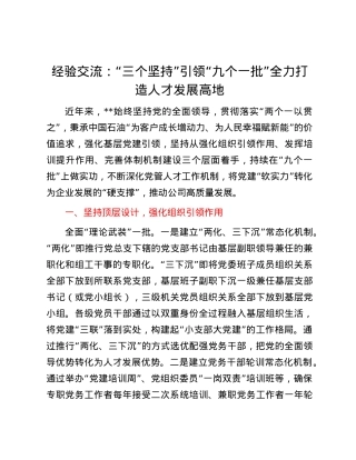经验交流：“三个坚持”引领“九个一批” 全力打造人才发展高地.docx