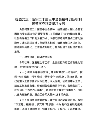 经验交流：落实二十届三中全会精神  创新机制抓落实  克难攻坚求发展.docx