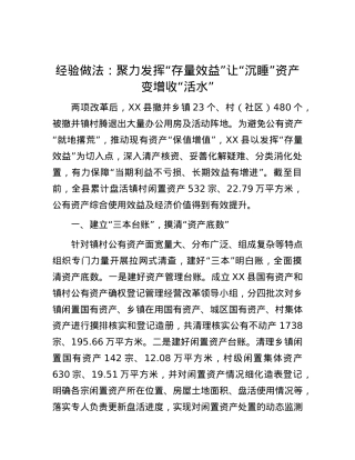经验做法：聚力发挥“存量效益”让“沉睡”资产变增收“活水”.docx