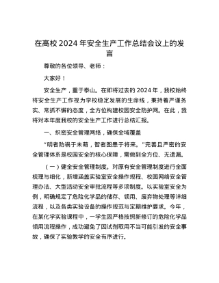 在高校2024年安全生产工作总结会议上的发言.docx