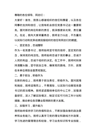 新任党委书记任职表态发言.docx