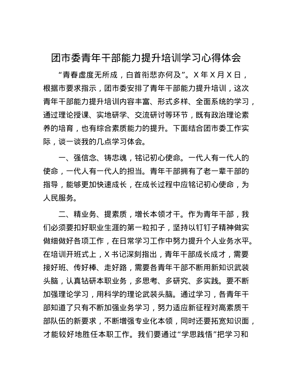 团市委青年干部能力提升培训学习心得体会.docx_第1页