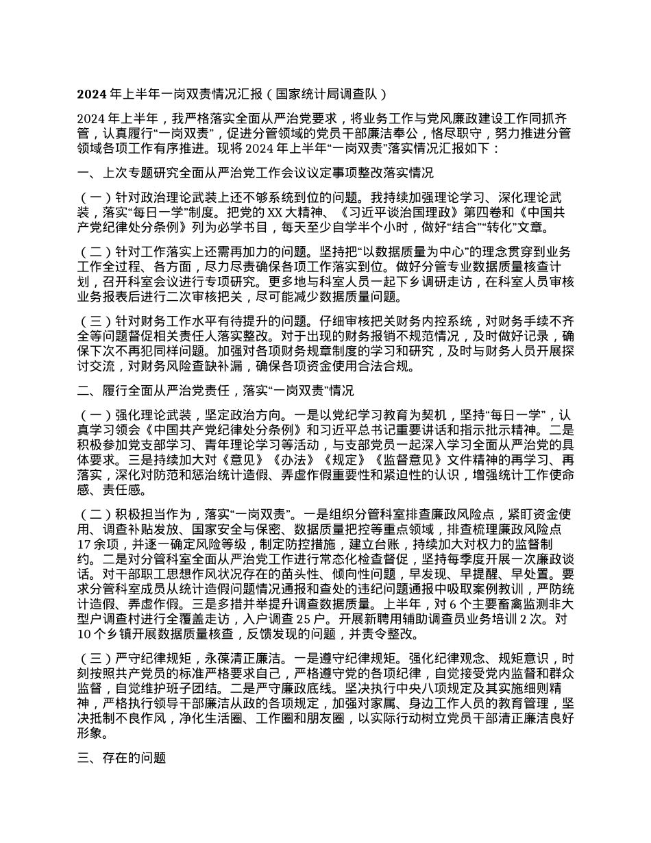 2024年上半年一岗双责情况汇报（国家统计局调查队）.docx_第1页