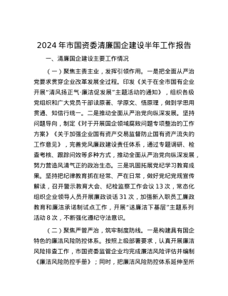 2024年市国资委清廉国企建设半年工作报告.docx